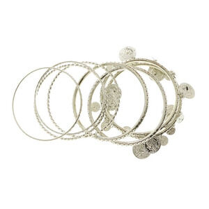 Erica Lyons Designer Silver Tone Coin Charm Bangle Set‎ New